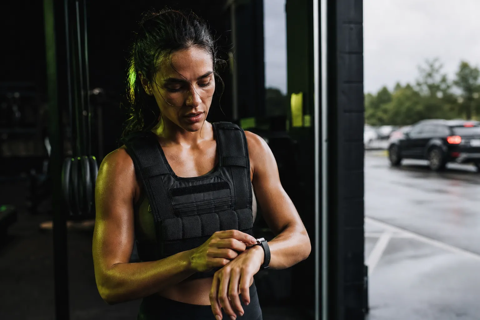 Sportif en gilet lesté consultant sa montre cardio après une séance