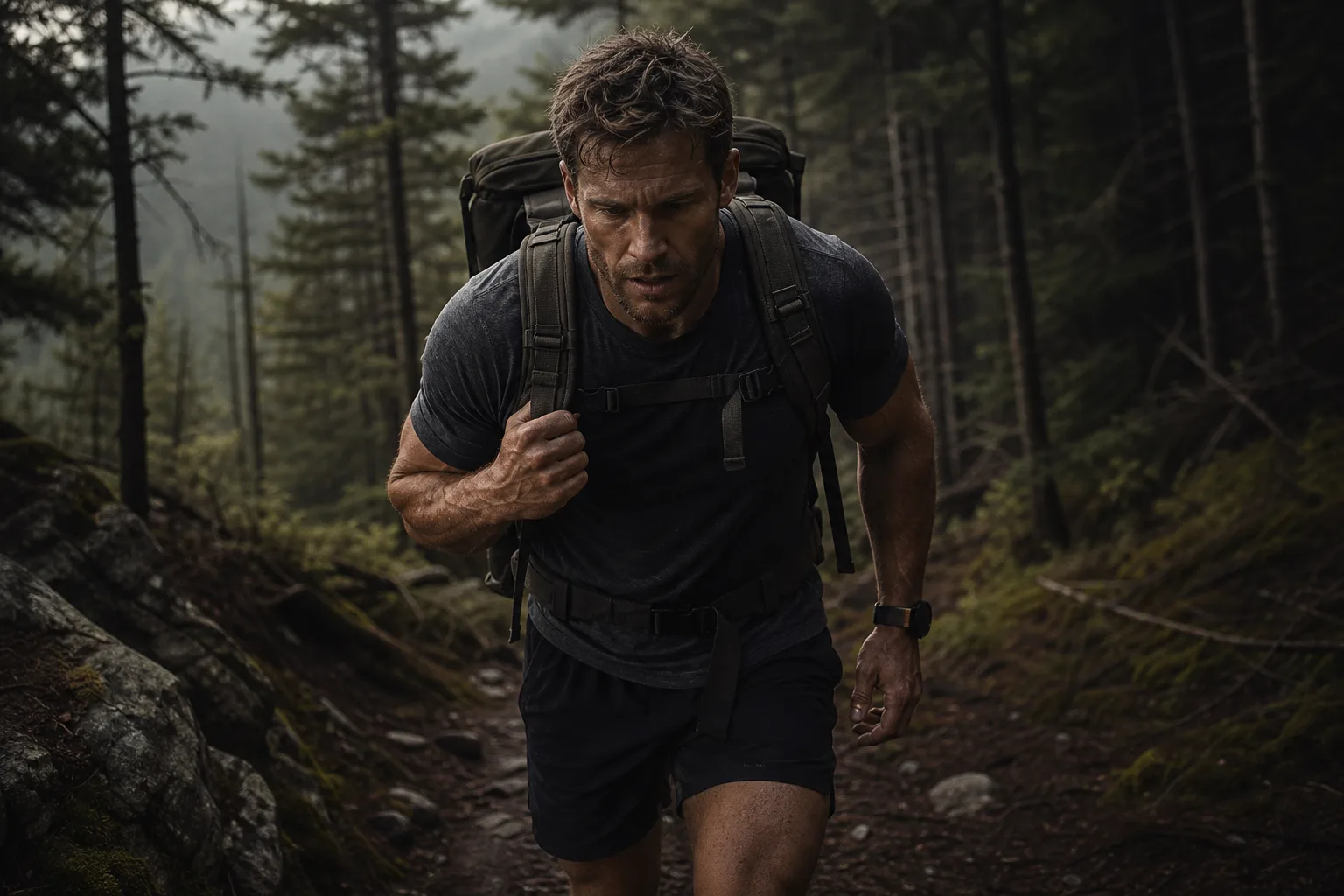 Marcheur sur sentier avec sac à dos lesté et montre cardio au poignet