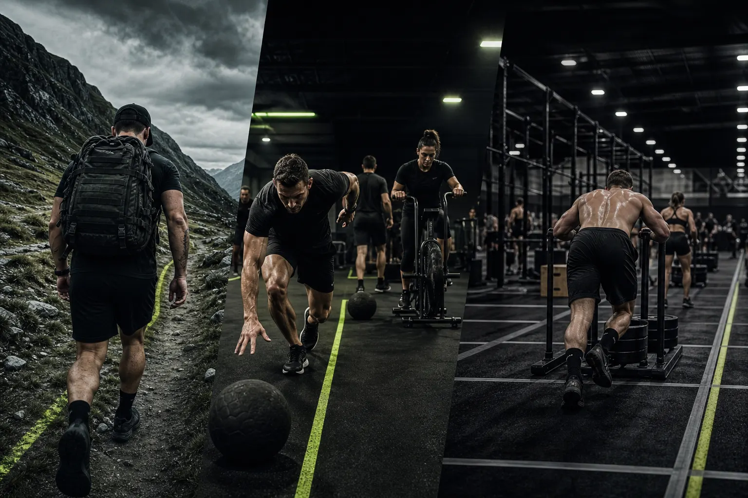 Scène d’entraînement multi-activités : marche lestée, HIIT et station Hyrox