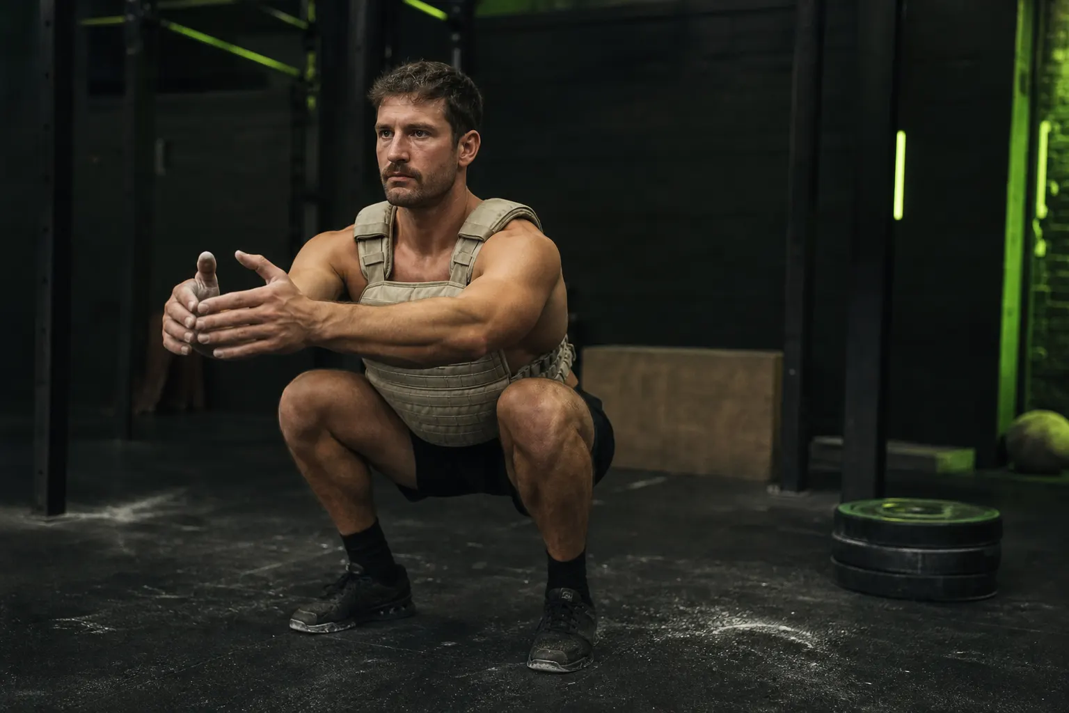 Athlète CrossFit réalisant des squats contrôlés avec un gilet lesté en box sombre