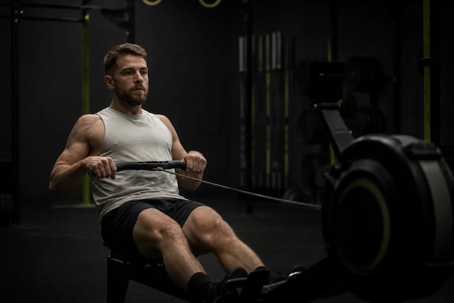 Athlète en zone 2 sur rameur avec gilet léger en box CrossFit