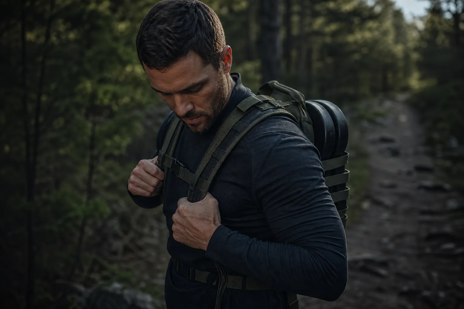 Sportif ajustant les sangles d'un sac à dos lesté avant une sortie sur sentier