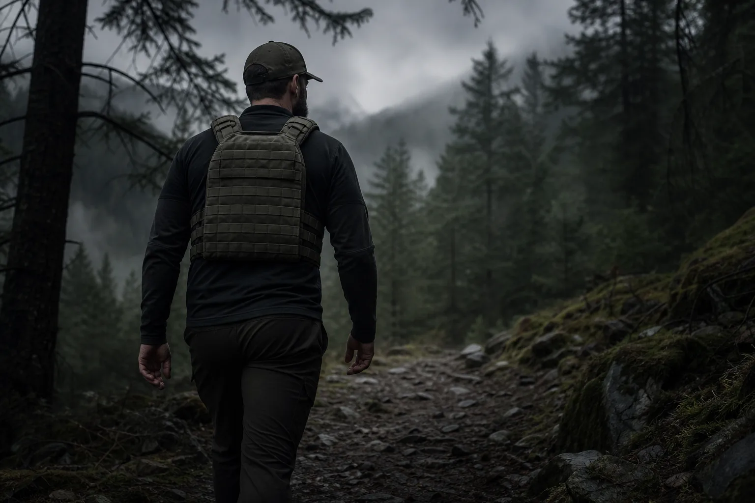 Rucker sur sentier forestier en zone 2, gilet lesté et allure régulière sous ciel couvert