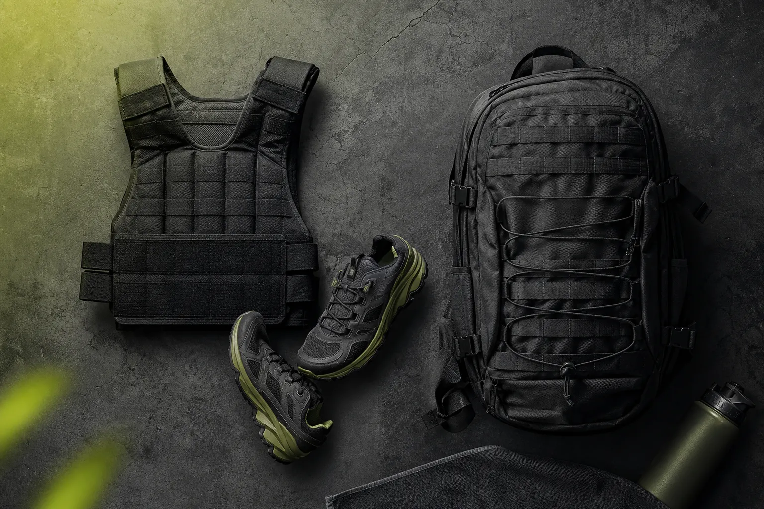 Gilet lesté, chaussures trail et sac de rucking sur béton sombre