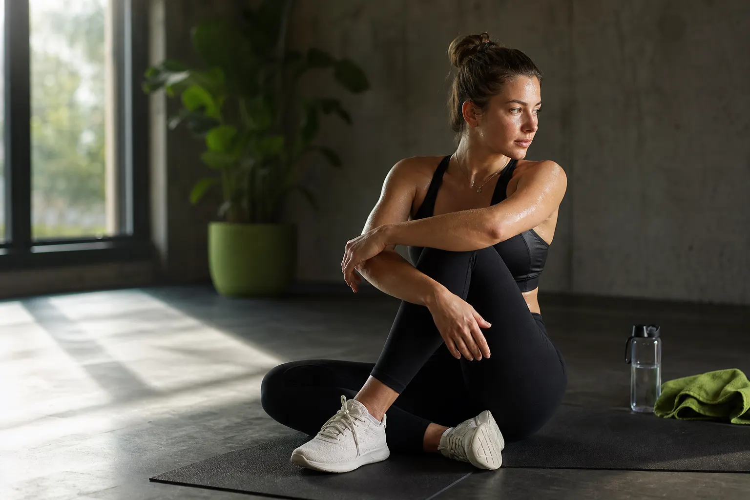 Sportif en étirement de récupération après un HIIT sur tapis sombre