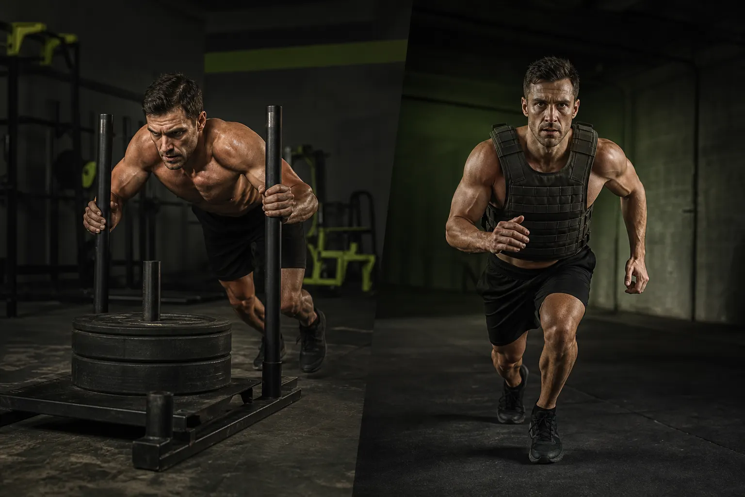 Comparaison visuelle sled Hyrox et gilet lesté dans une salle industrielle