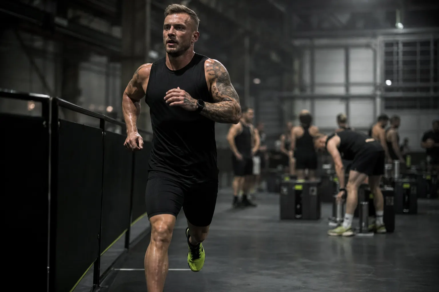 Transition Hyrox entre course et station dans une venue industrielle