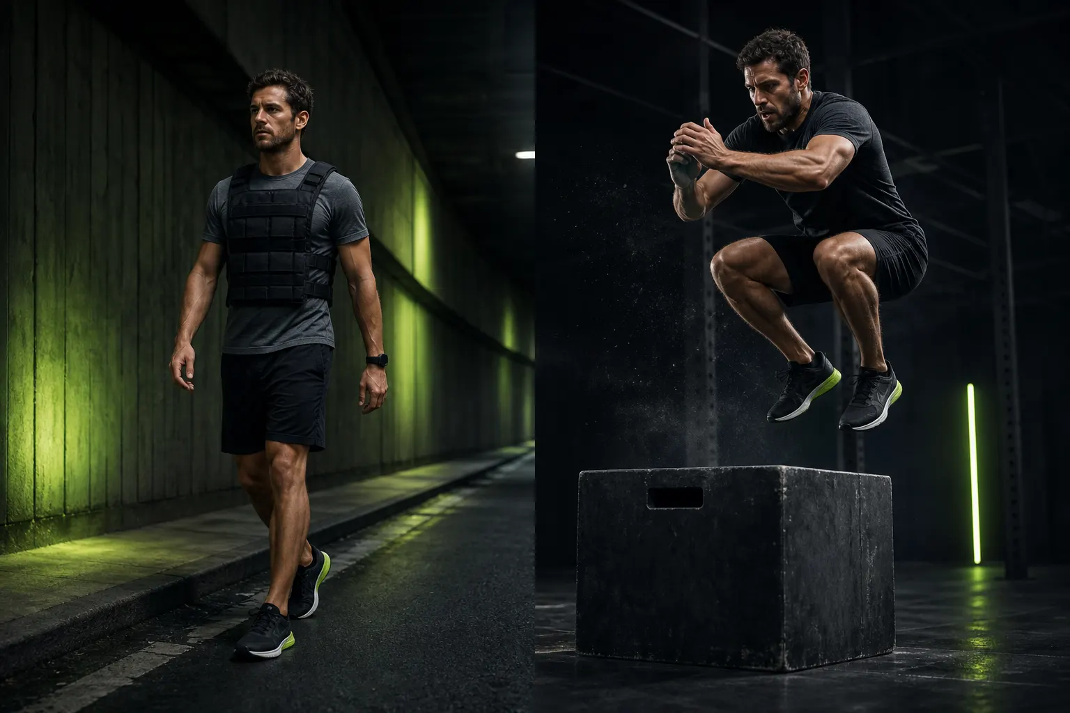 Contraste entre marche lestée calme et effort HIIT explosif