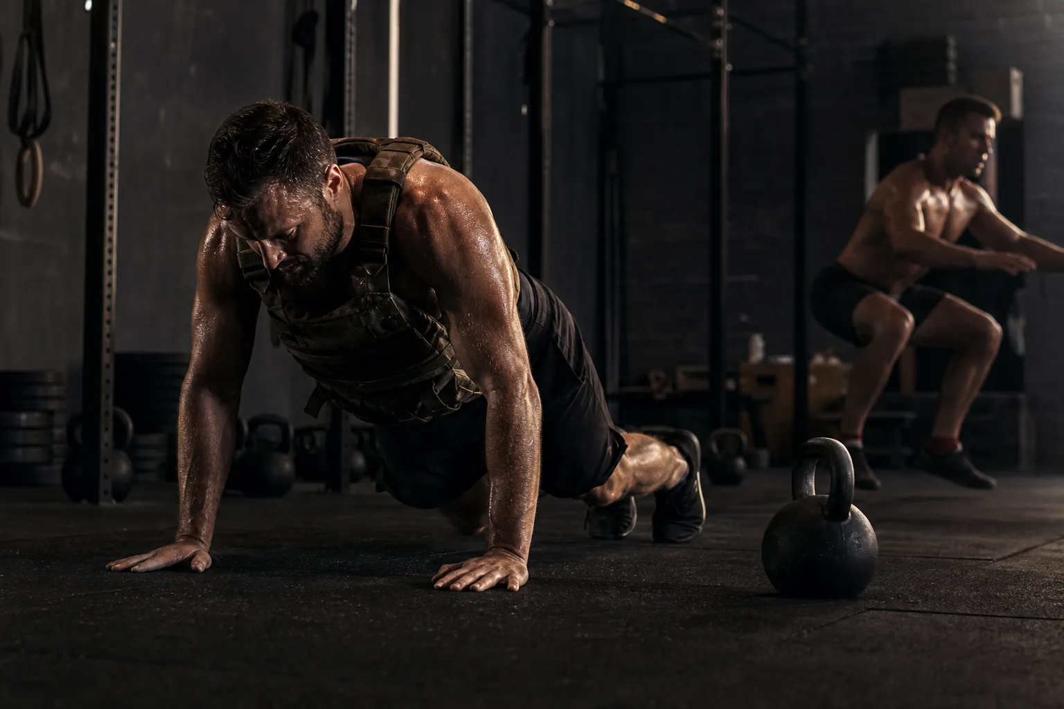 Athlète en gilet lesté exécutant des burpees et des air squats dans une box CrossFit sombre