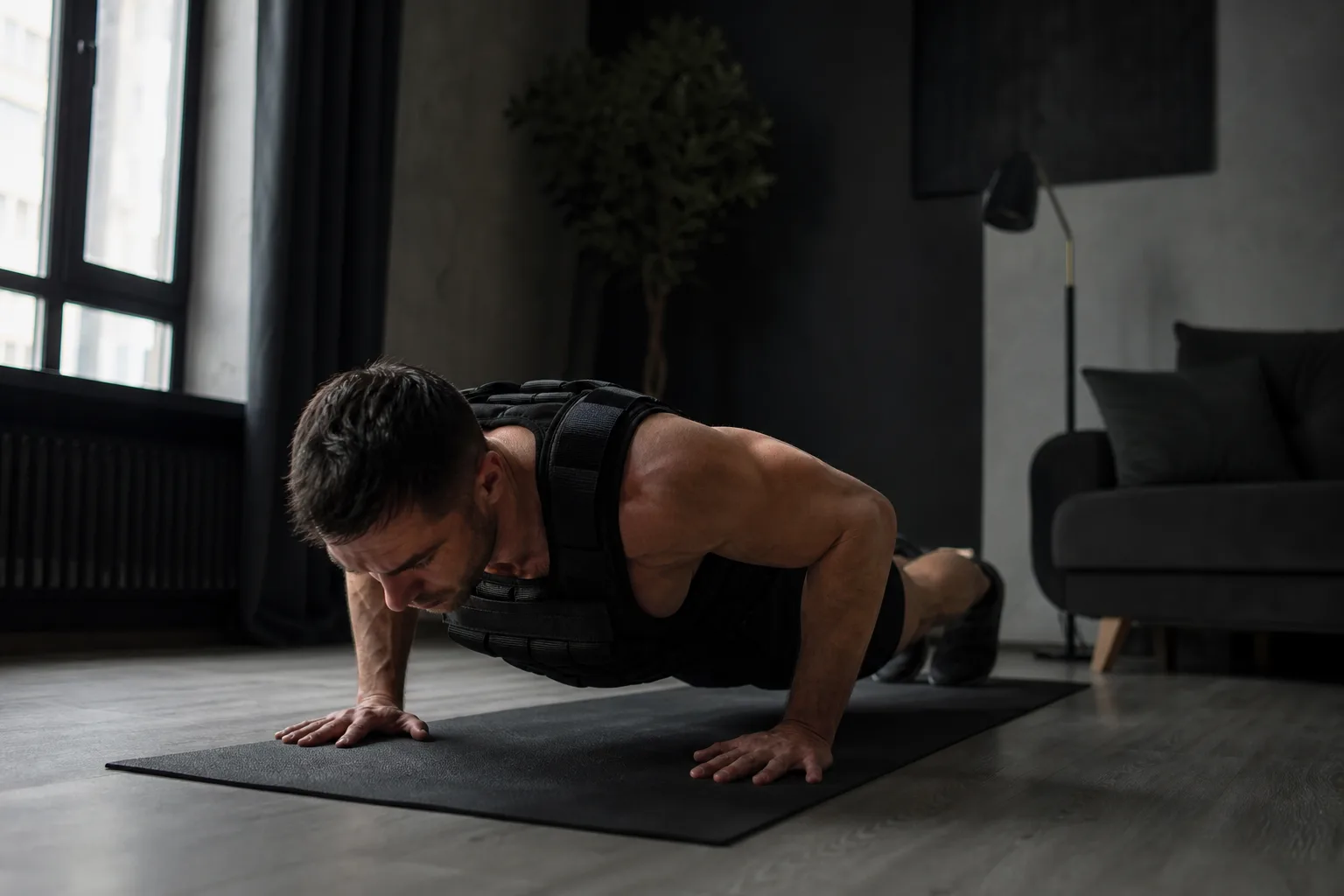 Homme réalisant des pompes avec gilet lesté dans un salon minimaliste, tapis de sol et lumière naturelle