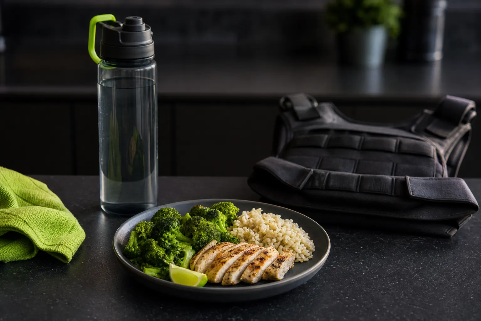 Repas simple et gourde à côté d’un gilet lesté avant une sortie