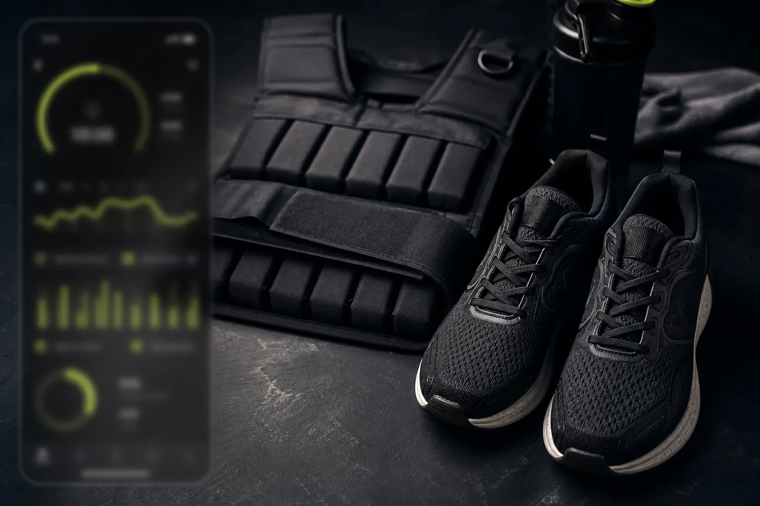 Gilet lesté, chaussures et téléphone sur surface sombre, suivi d’objectifs