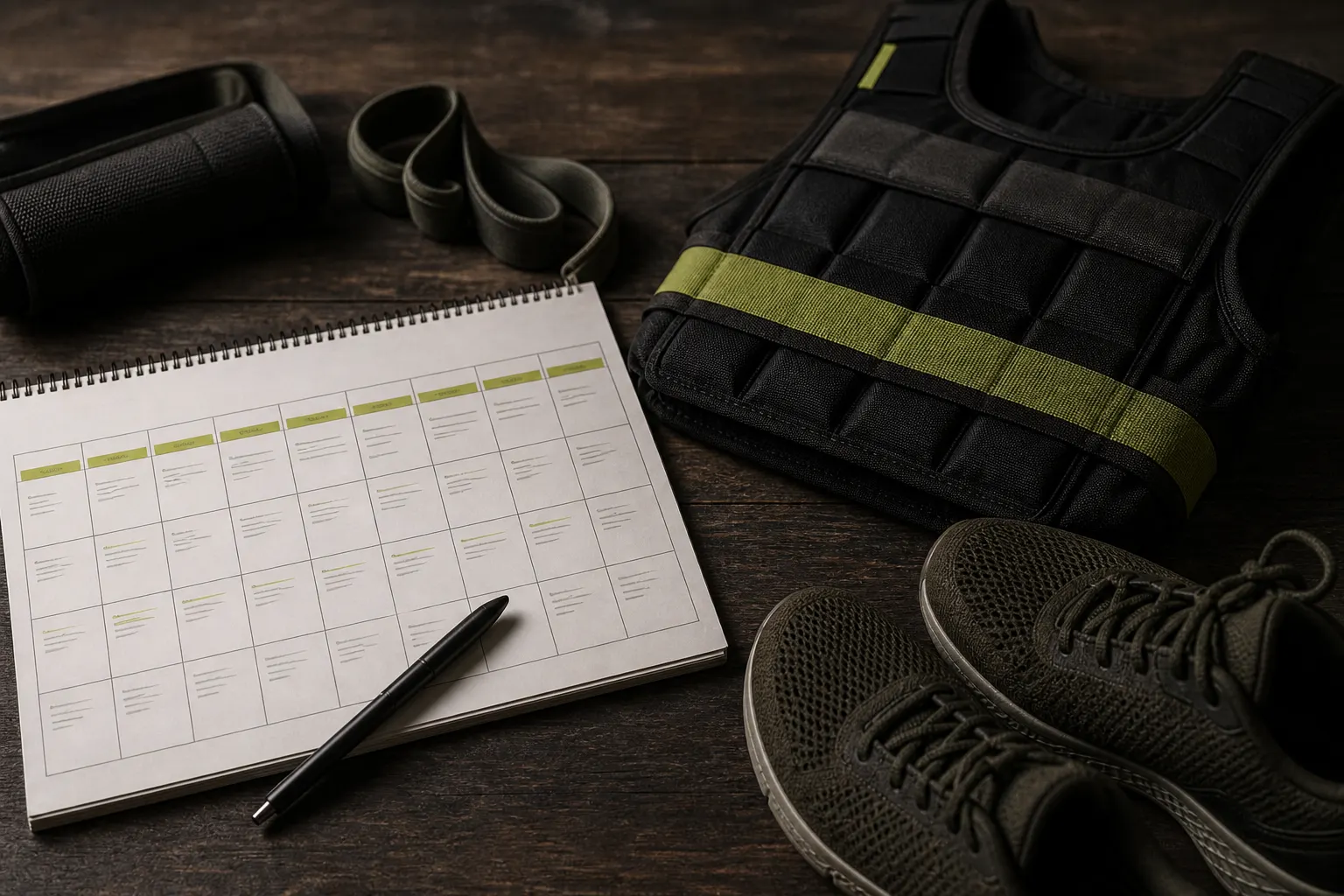 Planification d’entraînement avec gilet lesté et chaussures sur table sombre