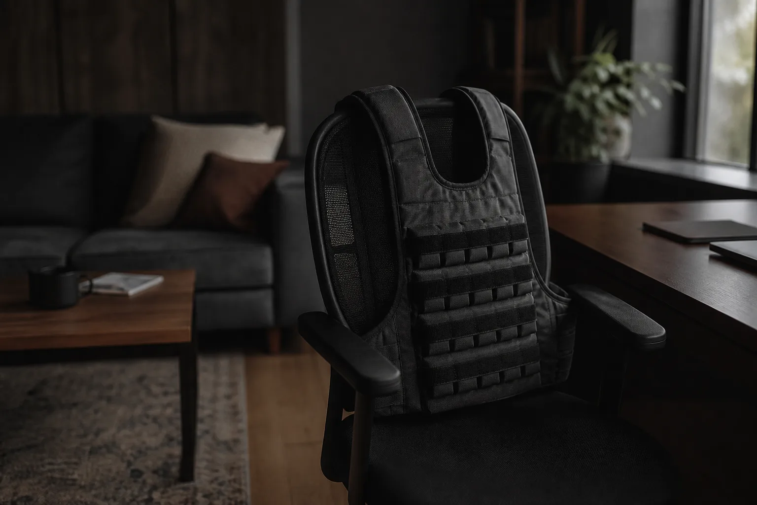Gilet lesté posé sur une chaise de bureau à domicile, lumière tamisée, ambiance sobre
