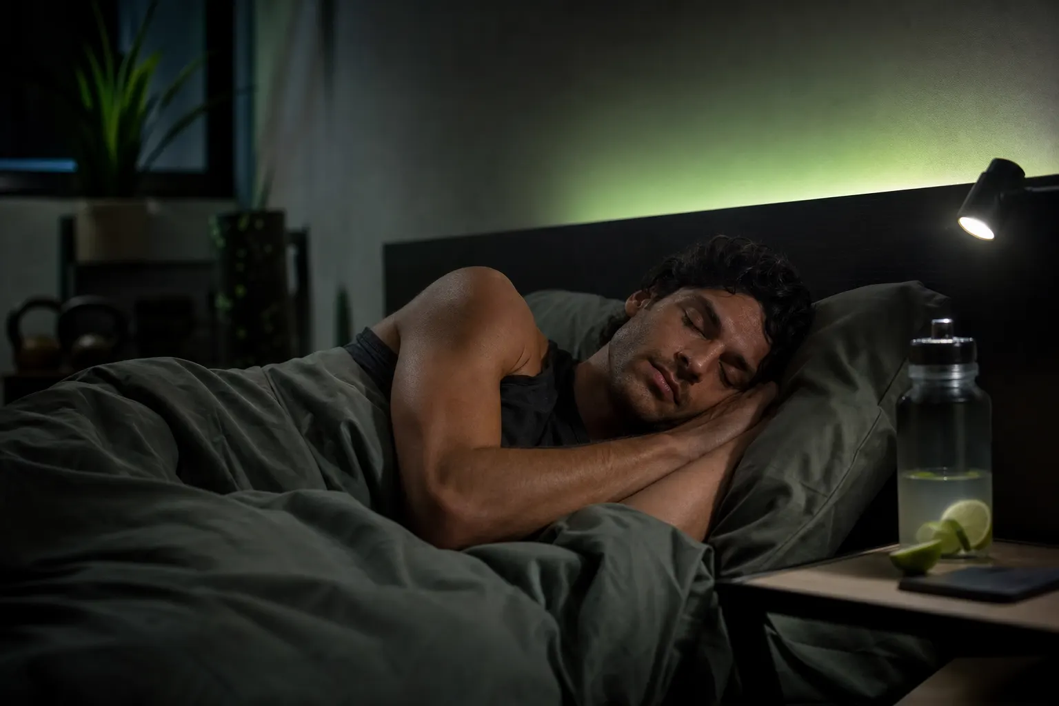 Athlète endormi après l’entraînement, chambre tamisée