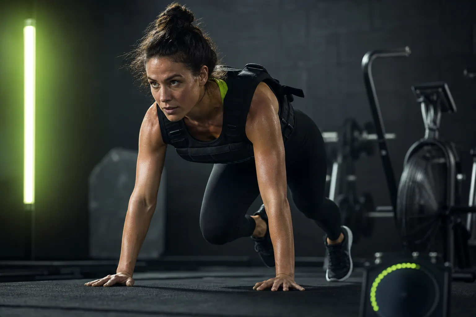 Circuit HIIT de 30 minutes avec gilet léger dans une salle sombre